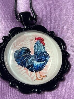 Blue Rooster 1 inch Pendant Necklace - Illustrated Farm Bird black metal chain